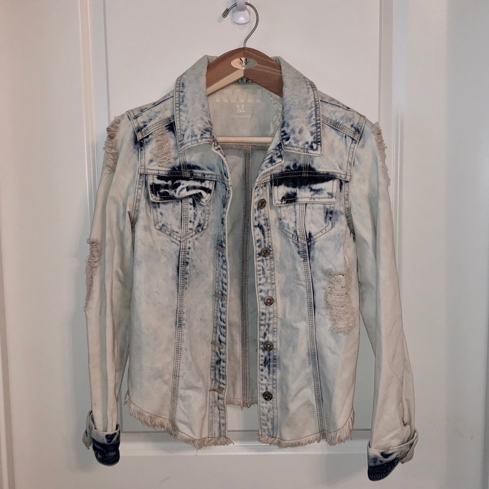 Distressed Denim and Lace Fitted Jacket